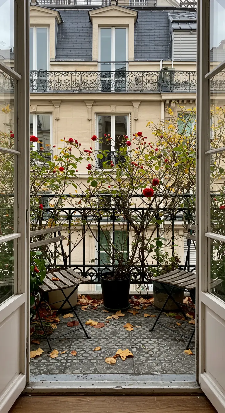 A Parisian balcony in autumn with fallen leaves on the cobblestone floor around a bistro set.