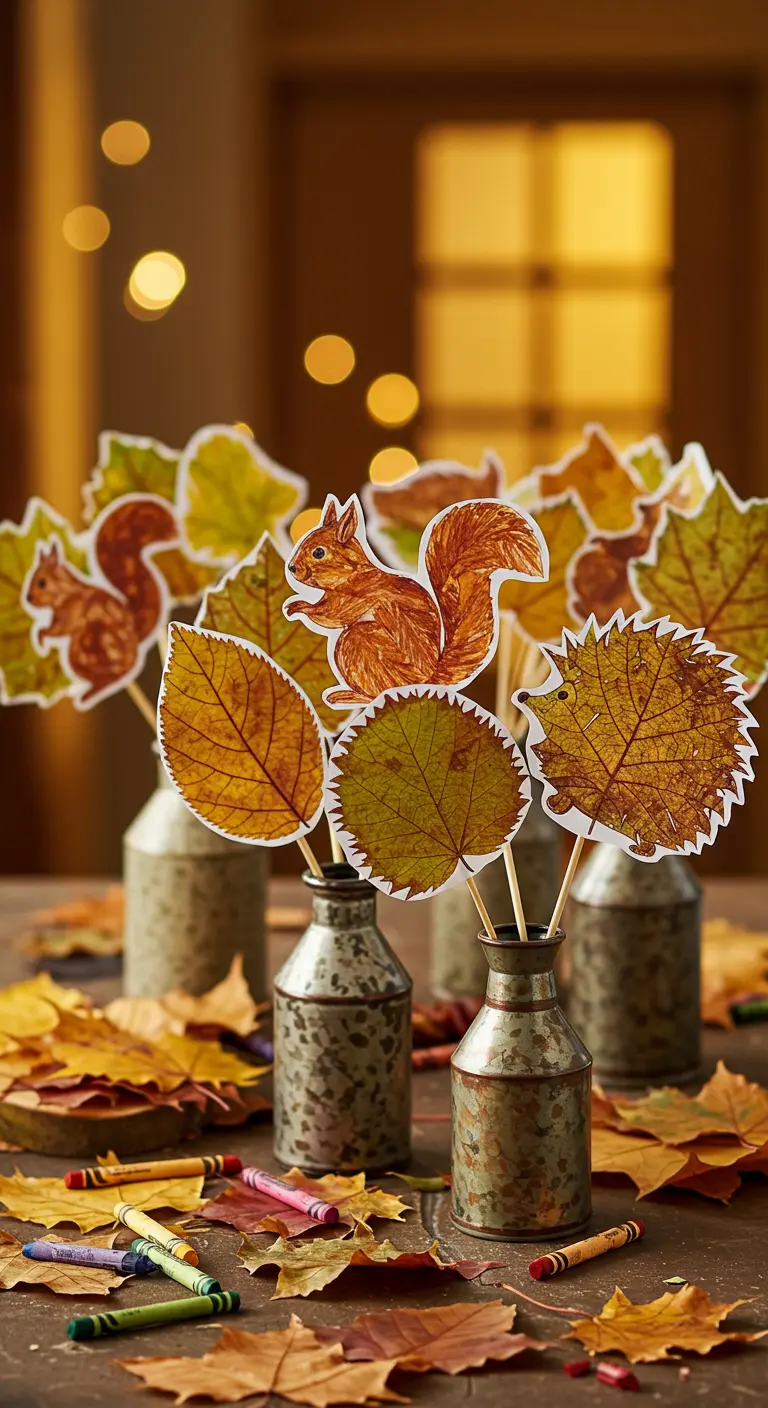 Bouquets of paper autumn animals and leaves on sticks placed in small vases.