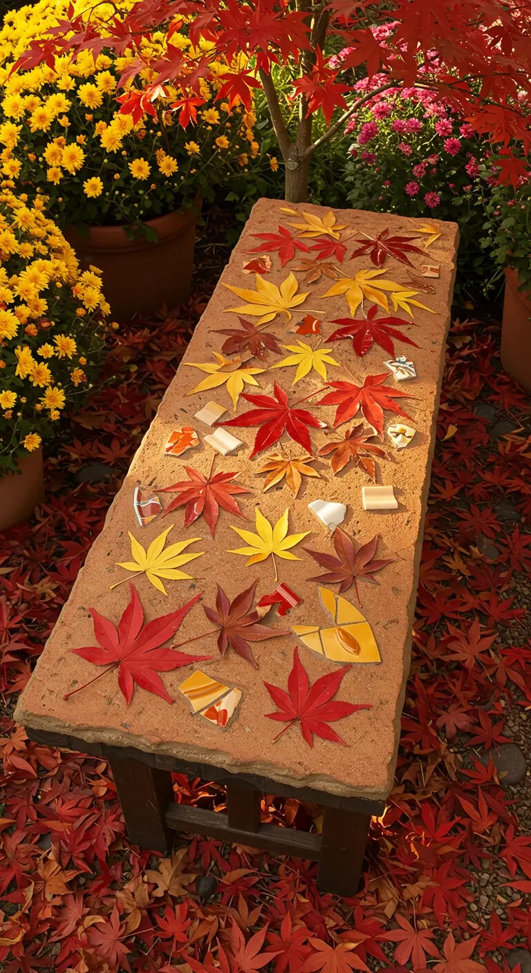 A wooden bench with a mosaic of scattered red and yellow autumn leaves on a sandy-textured background.