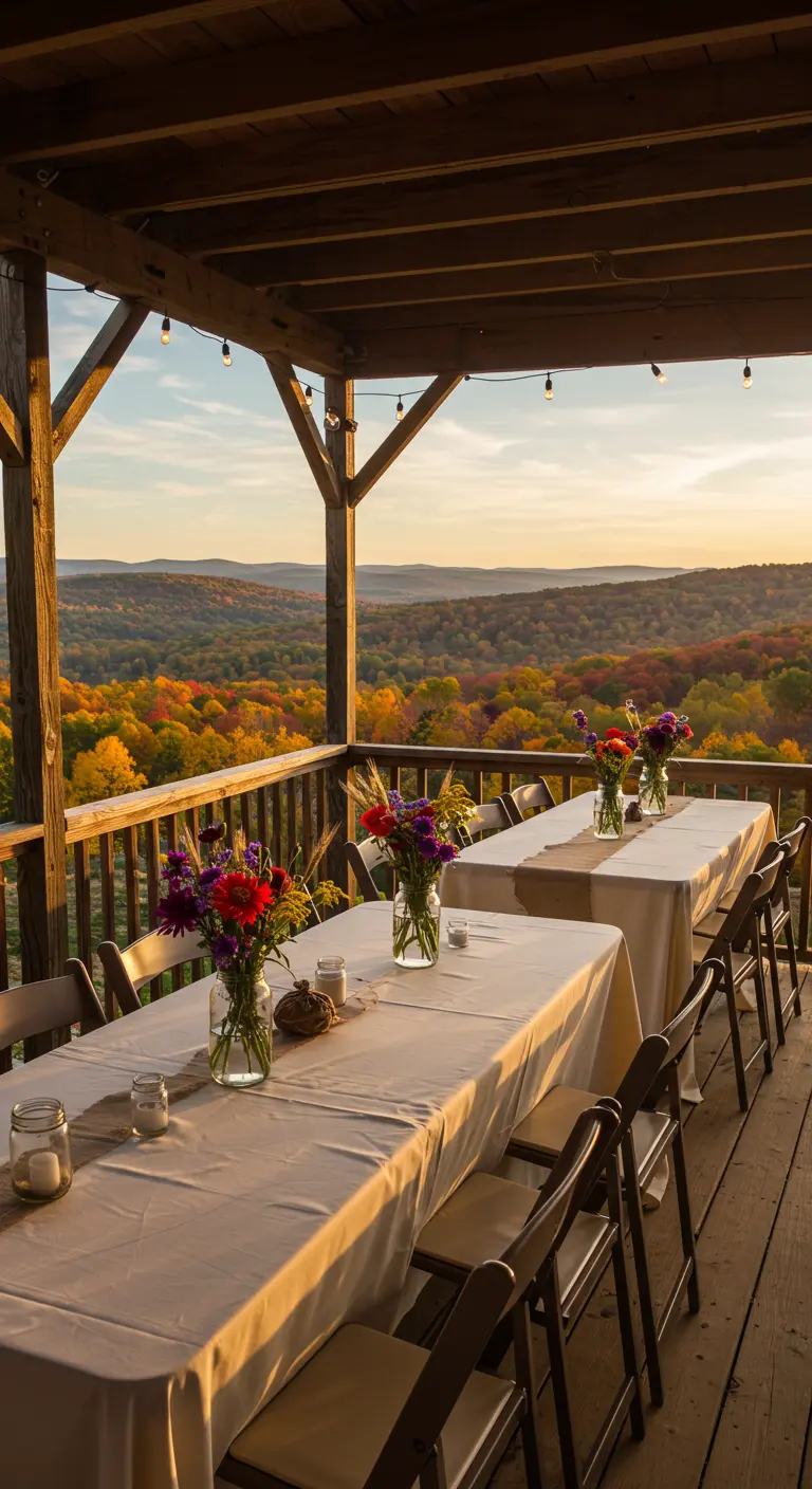 Wedding tables on a balcony overlooking a vibrant autumn landscape at sunset.