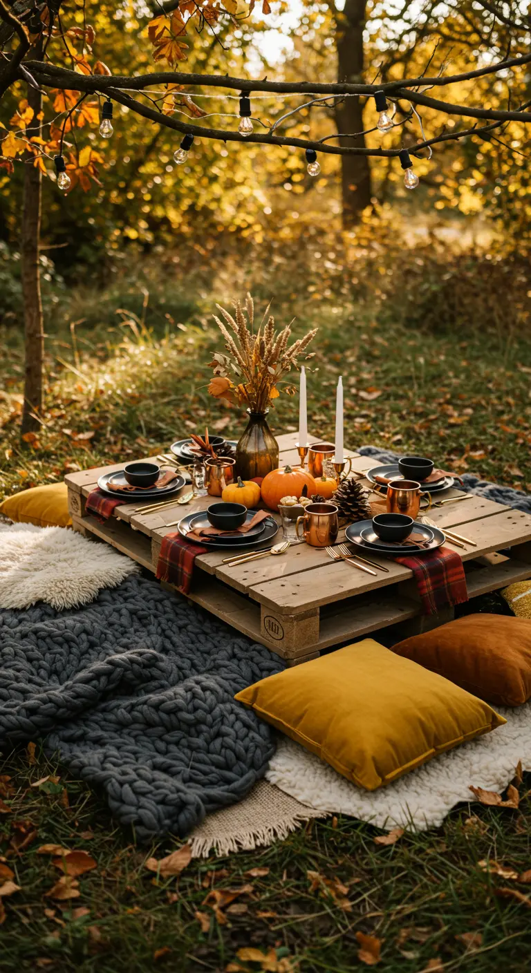 Autumn picnic in a forest with a pallet table, chunky knit blanket, and pumpkins.