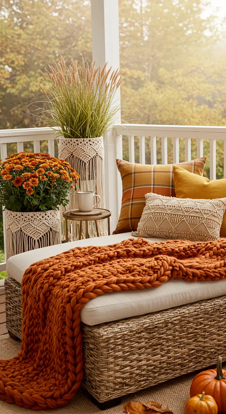 Wicker bench on a porch with a chunky orange throw, plaid pillows, and macramé-wrapped mums.