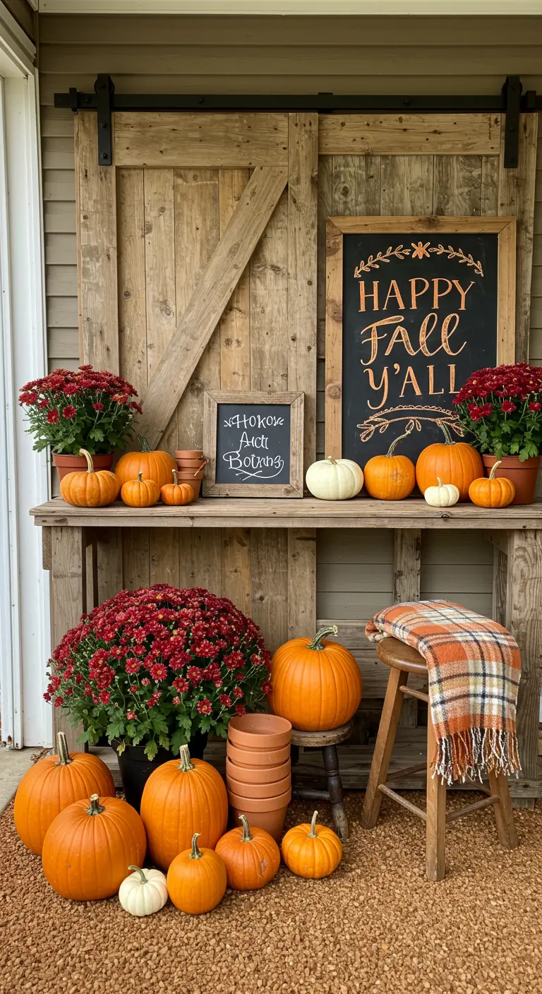 A rustic barn door potting station decorated for fall with pumpkins, mums, and a plaid blanket.