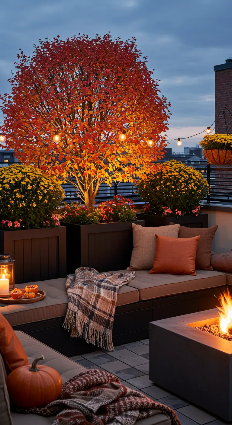 Rooftop in autumn with a red maple tree, a fire pit, and fall decorations.