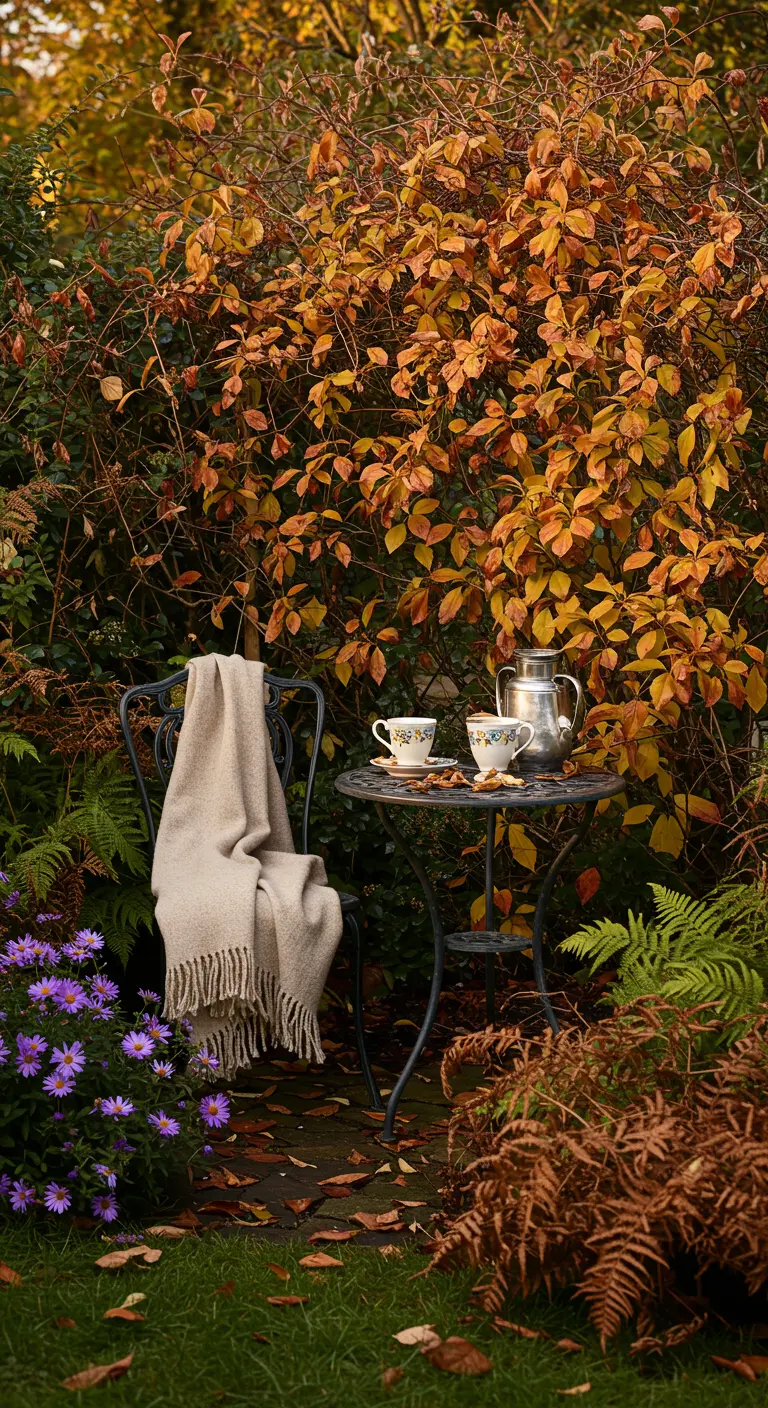 A black bistro set in an autumn garden with a beige throw and purple asters.