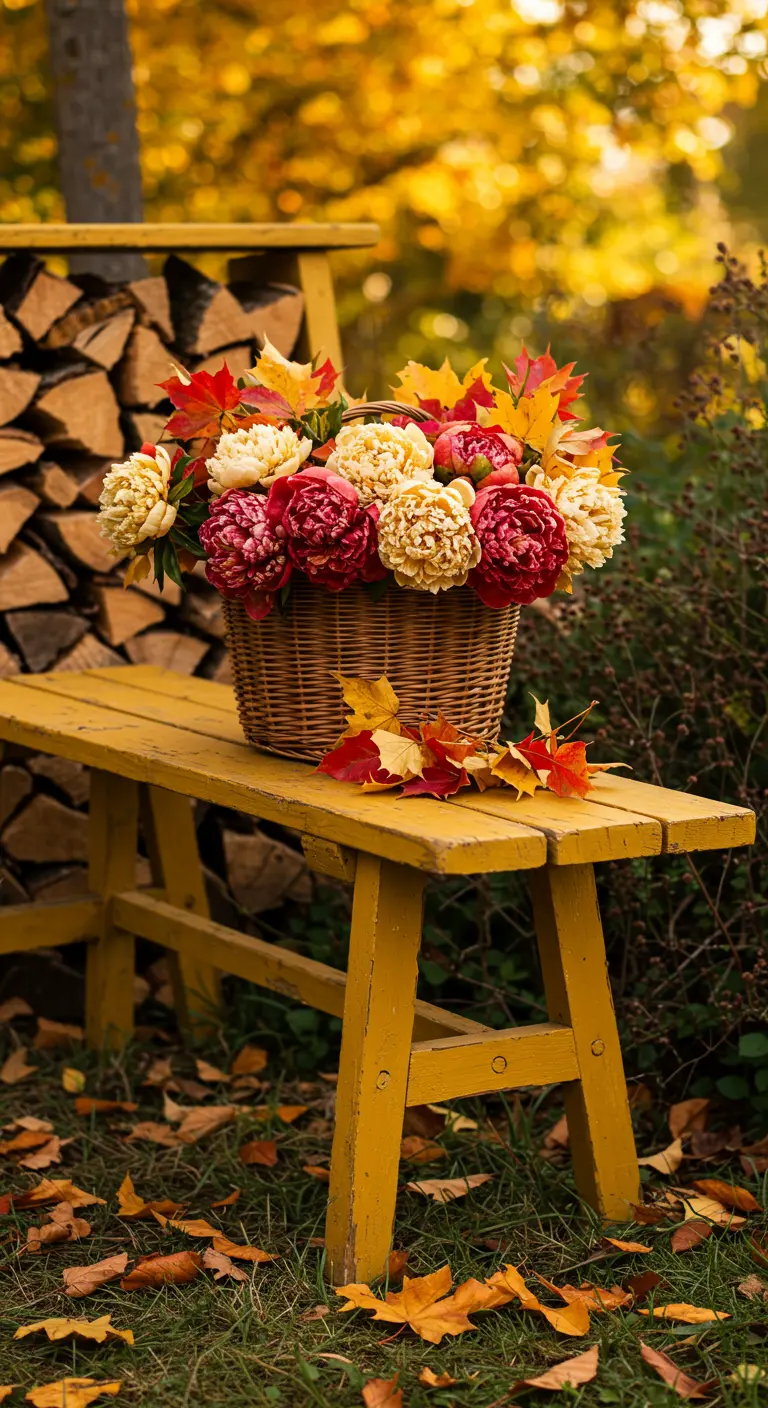 A mustard-yellow bench with a basket of peonies and autumn leaves.
