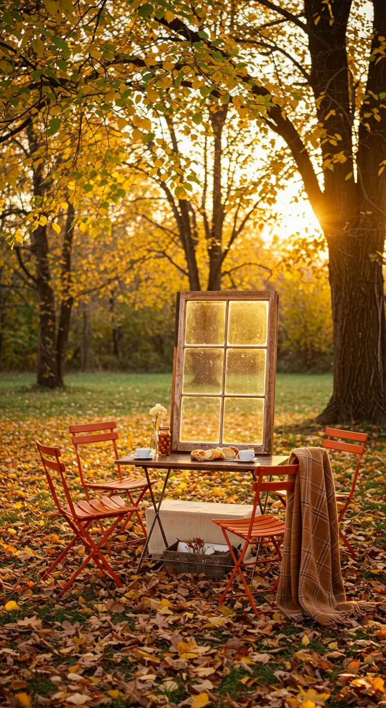 A window frame glows in the golden autumn sunset behind a bistro table set in a leaf-strewn park.