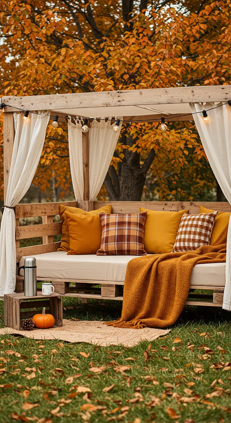 Pallet canopy bed styled for autumn with mustard pillows, a plaid throw, and a pumpkin.