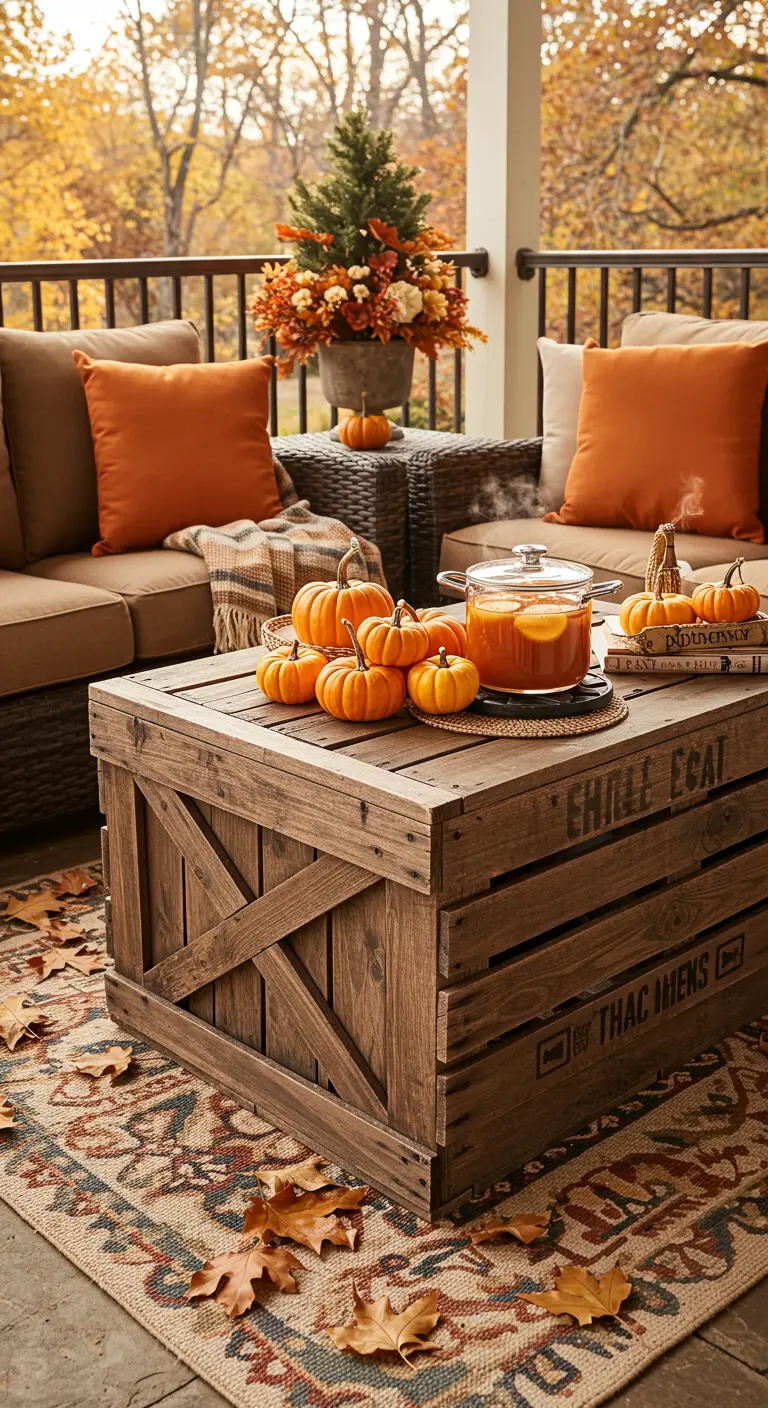 Rustic crate table decorated with pumpkins and fall decor on a patio.
