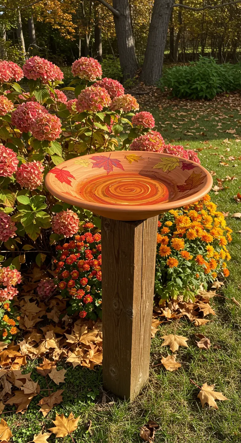 A birdbath with a painted swirl and autumn leaves, surrounded by fall flowers.