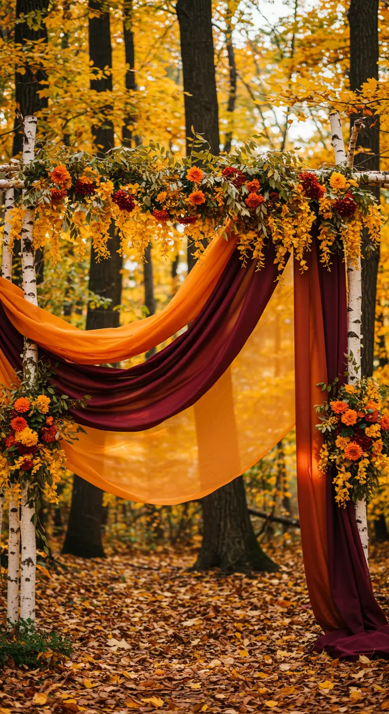 Birch wedding arch with orange and burgundy drapes in an autumn forest.