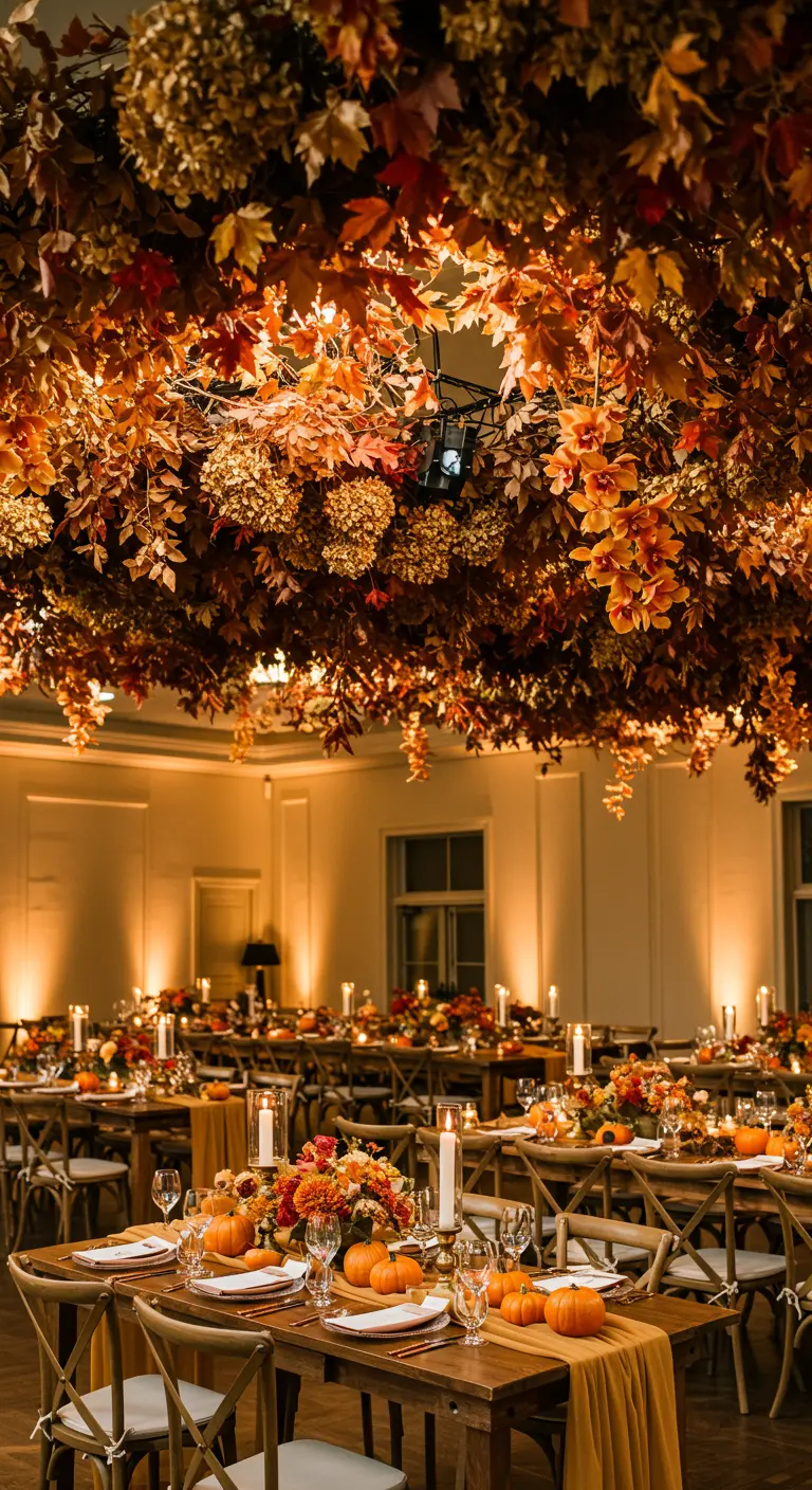 A ceiling covered in autumn leaves, dried hydrangeas, and orange orchids in a warm-lit room.