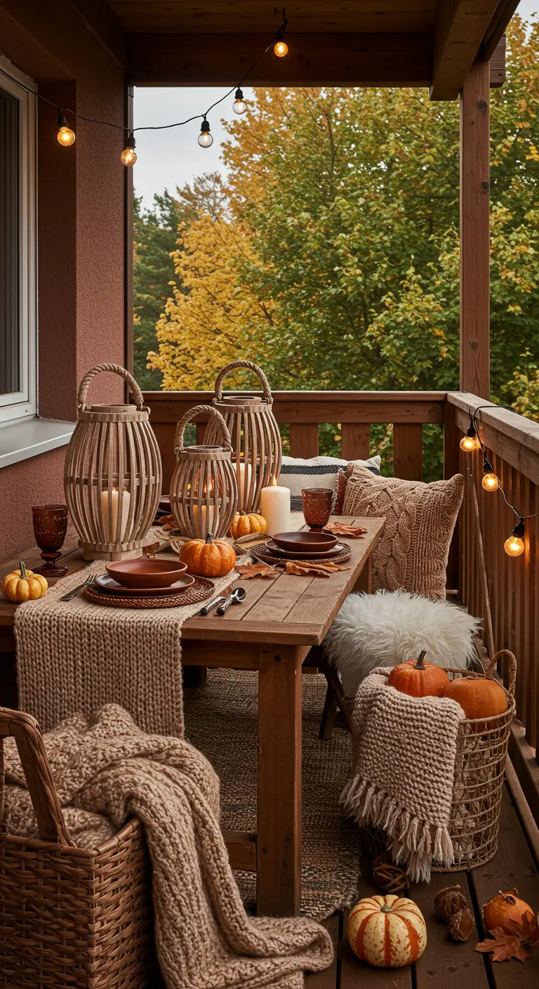 Cozy autumn balcony table with knit throws, pumpkins, and wooden lanterns.