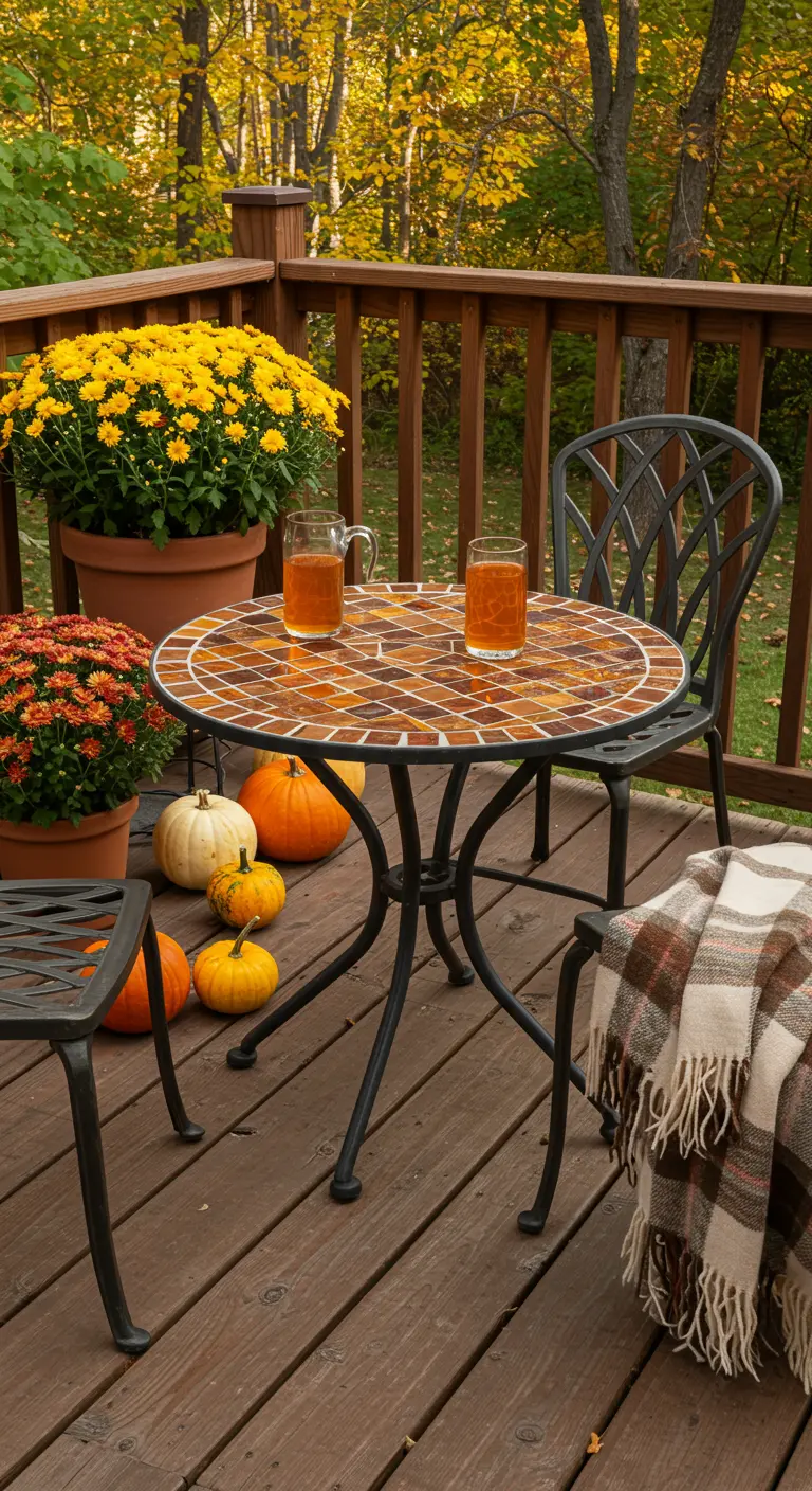Bistro set with an amber mosaic table on a wooden deck, styled with pumpkins and mums for fall.