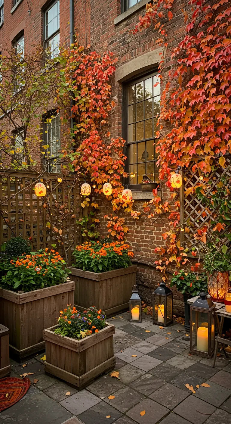 Autumnal courtyard with brick walls, climbing ivy, wooden planters with fall flowers, and lanterns.