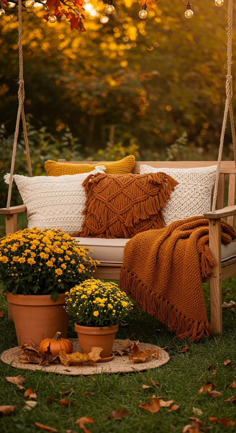 Wooden swing with rust and cream macramé pillows, a blanket, and pots of mums.