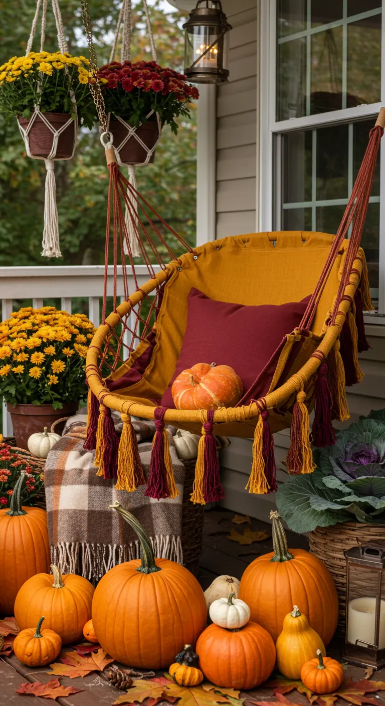A yellow hammock chair surrounded by pumpkins, chrysanthemums, and a plaid blanket for fall.