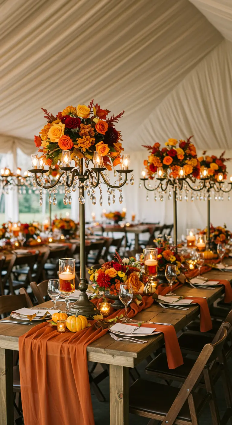 A fall wedding table with a burnt orange runner, candelabras, and autumn-colored florals.