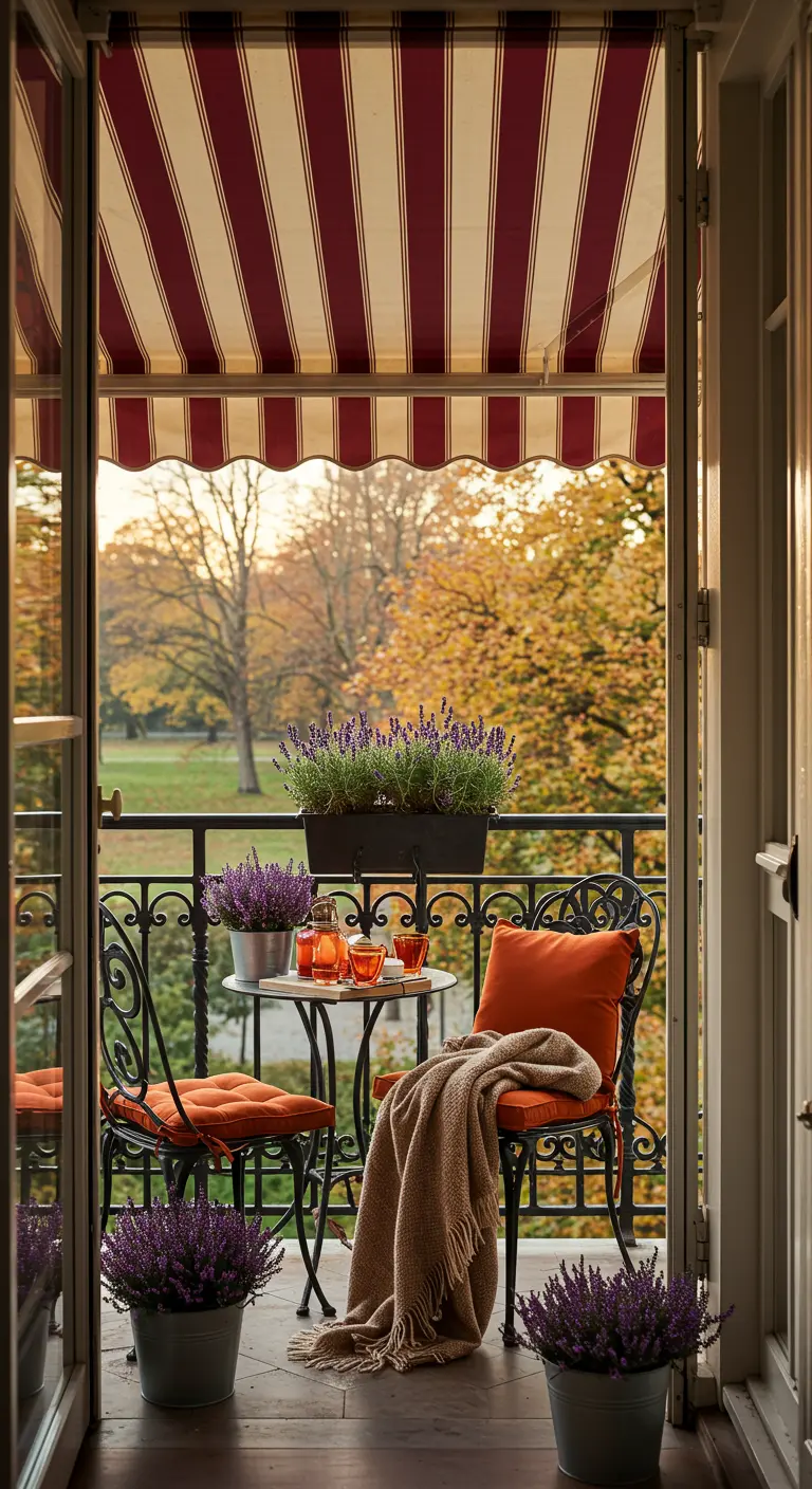 A balcony in autumn with orange cushions, a cozy throw, and pots of purple heather.
