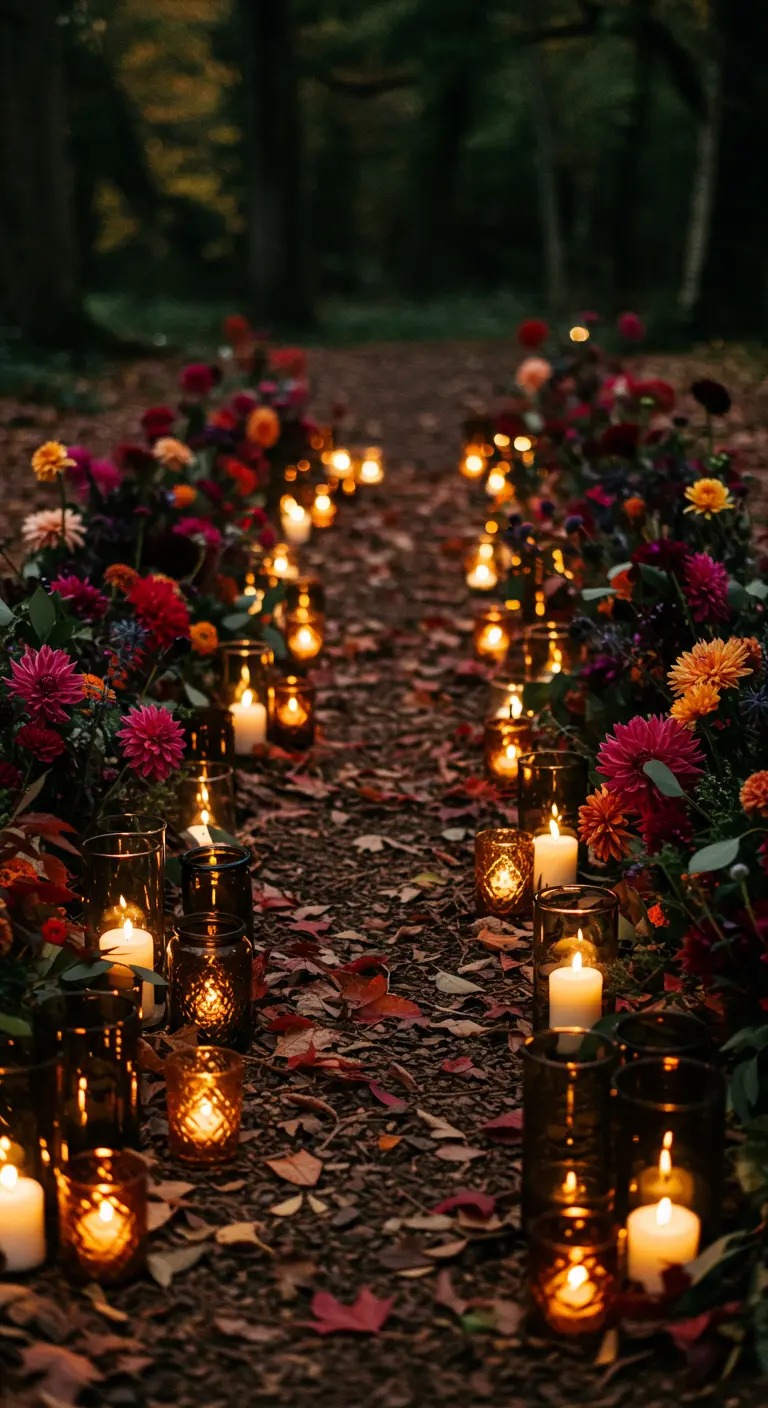 A forest path with jewel-toned flowers and amber candles.