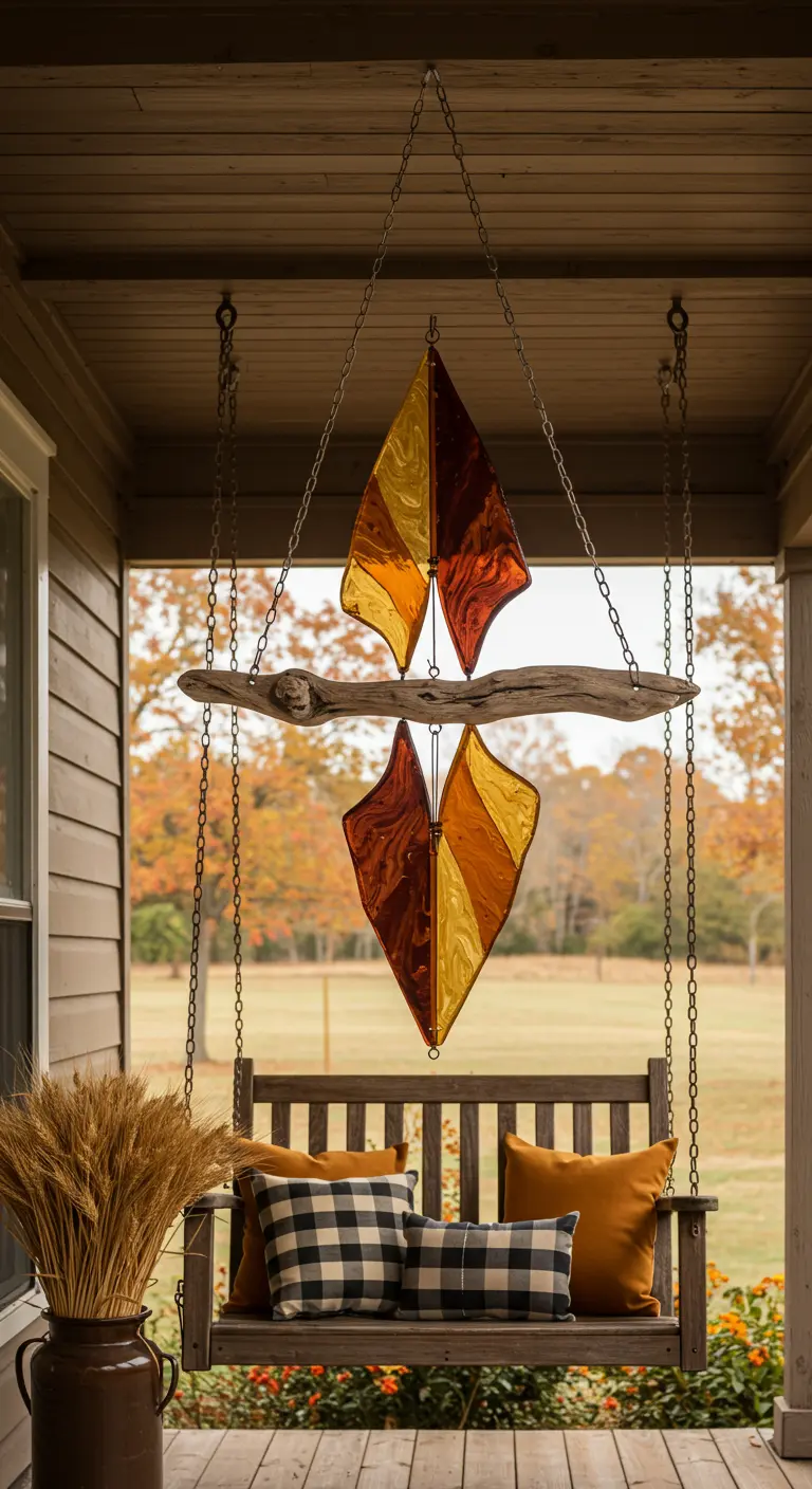 A symmetrical driftwood spinner with amber and red resin hanging over a porch swing.