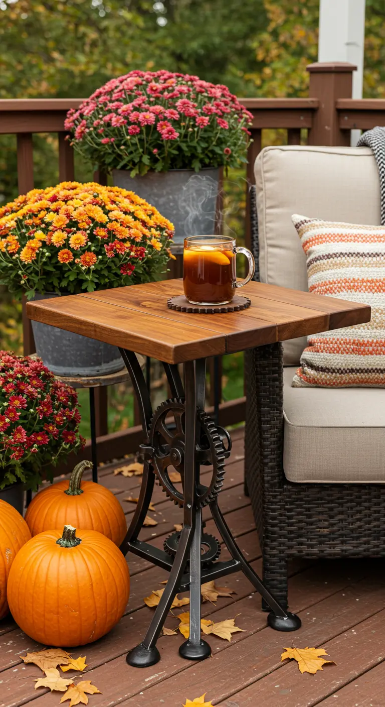 Industrial gear-base table on a deck surrounded by colorful autumn mums and pumpkins.