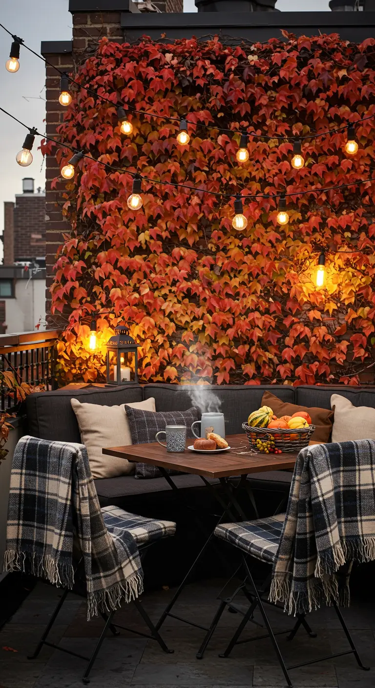 An autumn rooftop scene with red ivy on the wall and plaid blankets on the chairs.