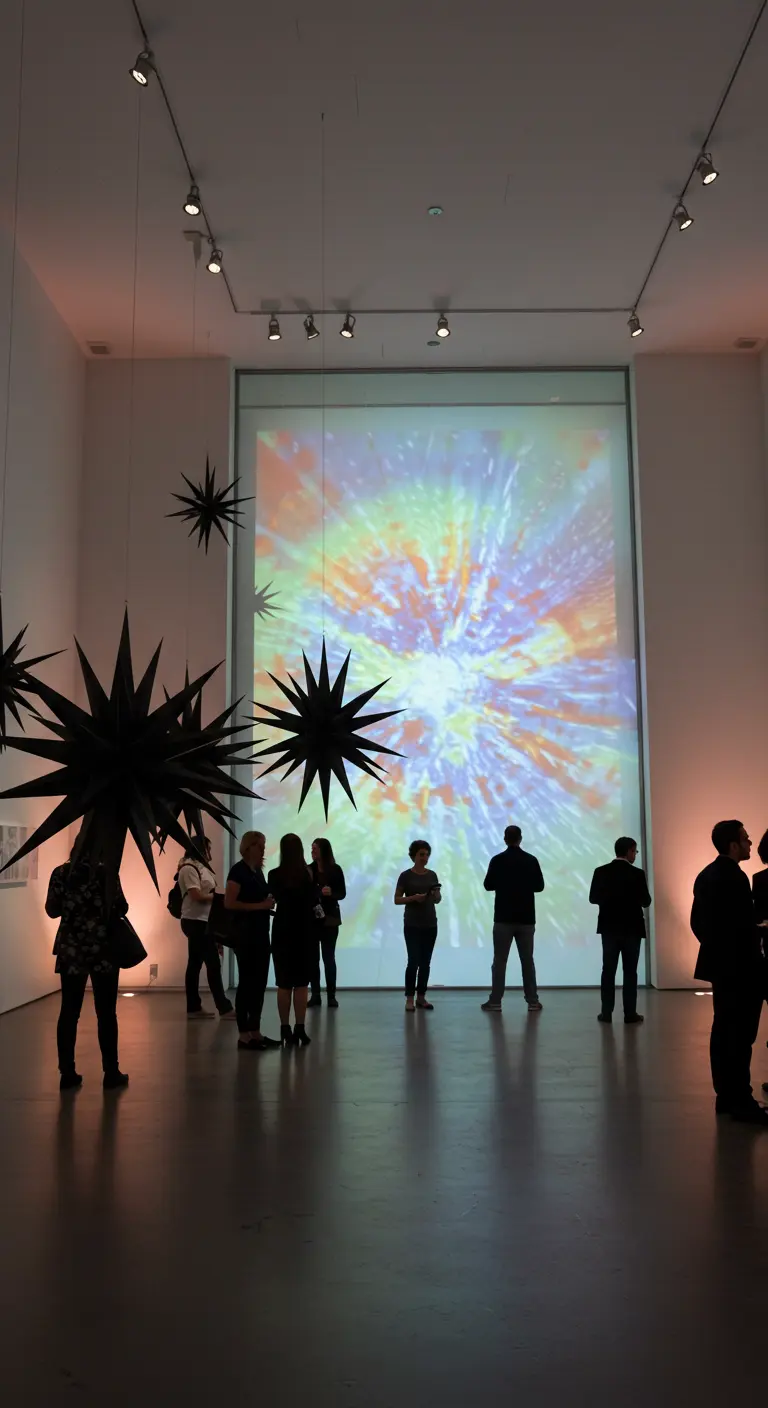 A modern gallery space with black spiky star sculptures and an abstract light projection on a window.