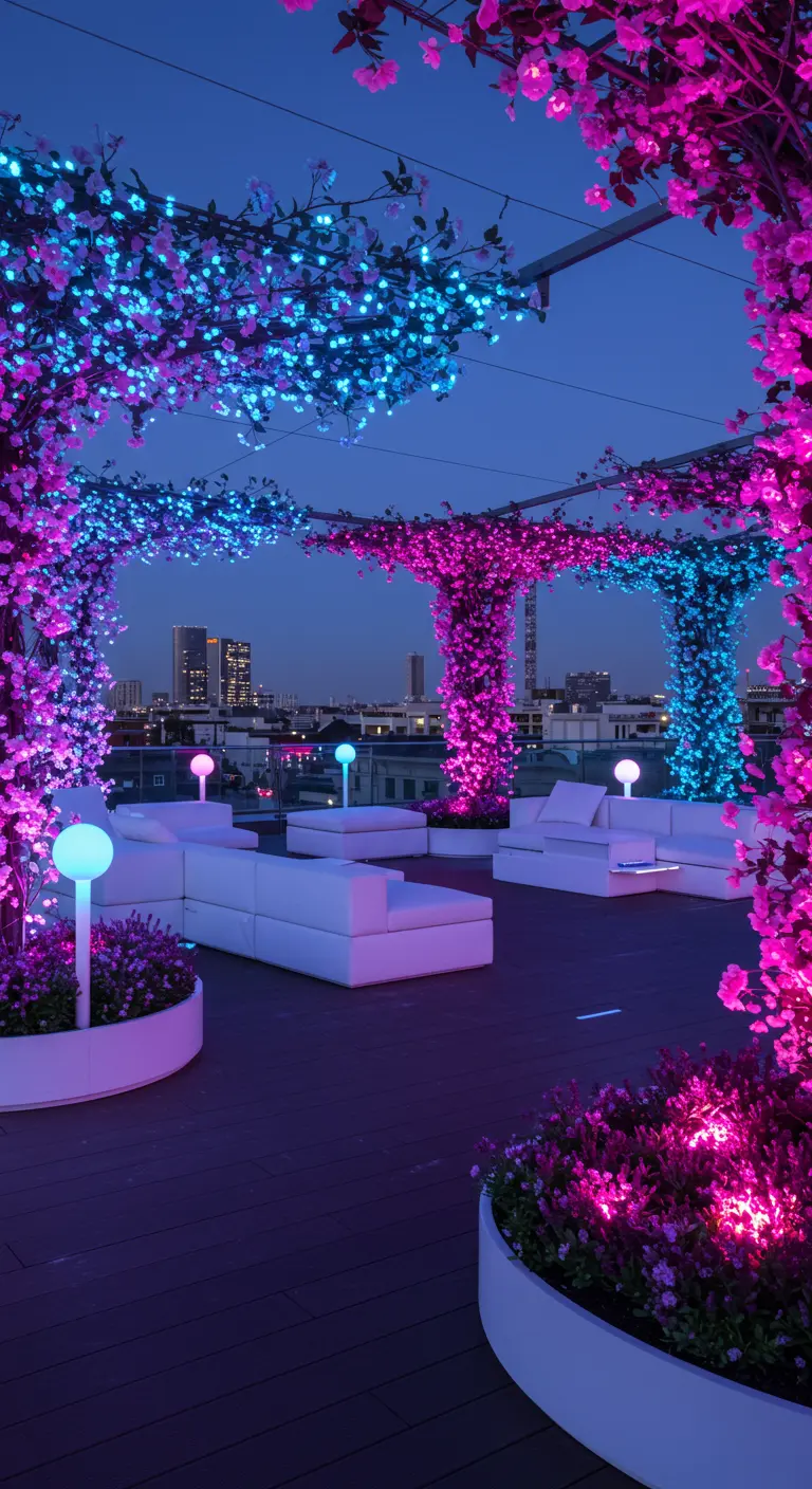A futuristic rooftop garden with structures covered in glowing pink and blue lights, creating an ethereal vibe.