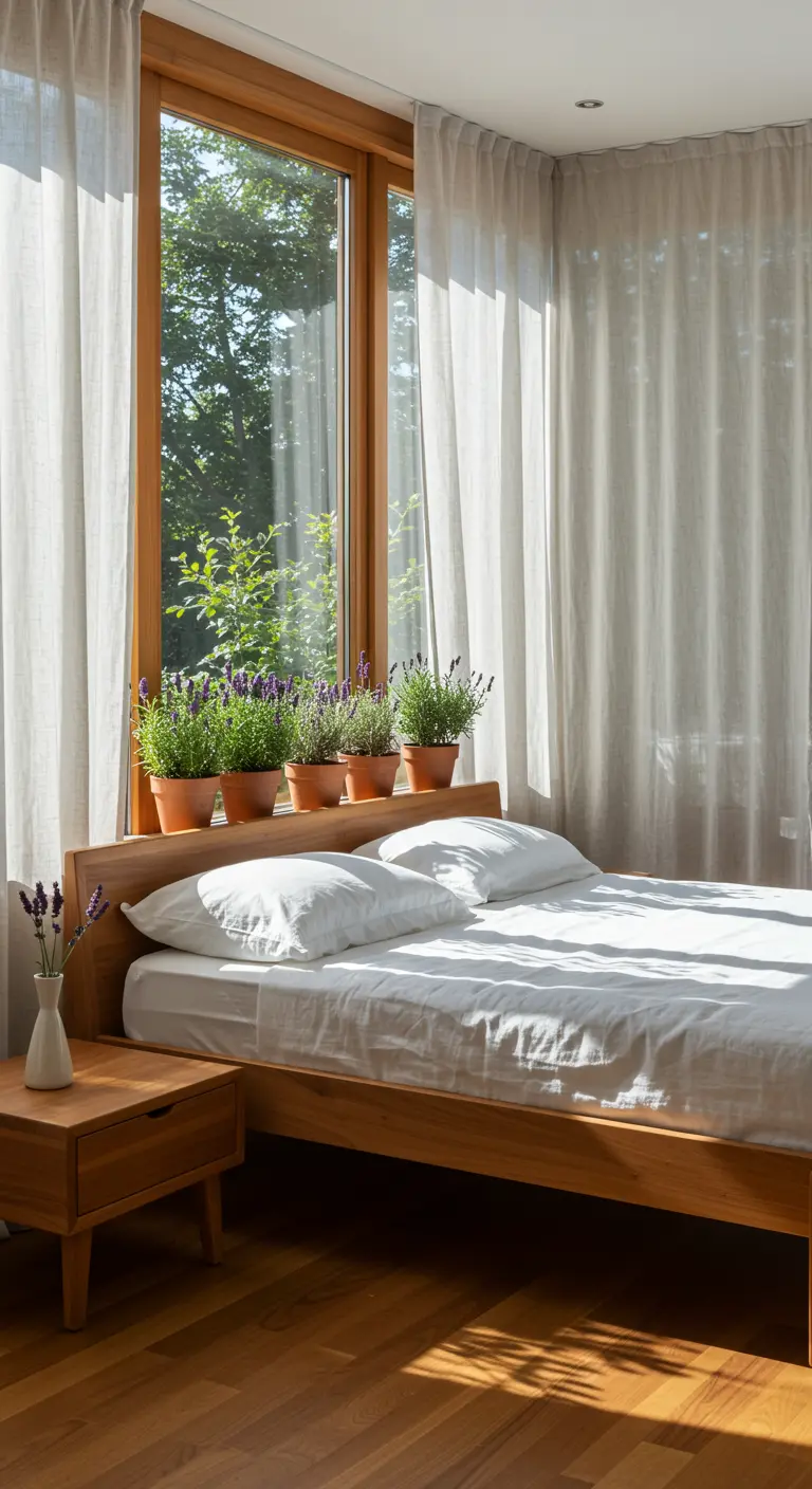 A simple wood bed in front of a large window lined with pots of lavender.