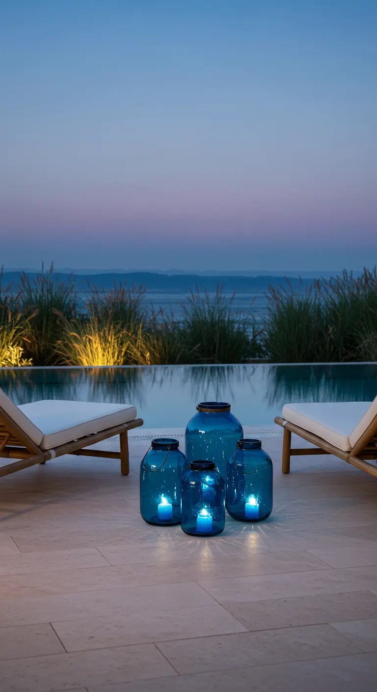 Blue glass lanterns glowing by a pool at dusk next to bamboo loungers.