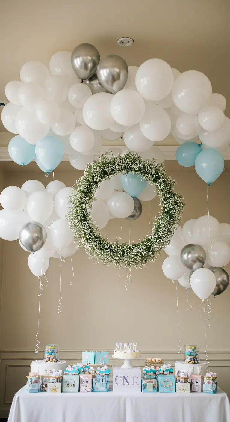 White, silver, and light blue balloons floating above a table, with a large baby's breath wreath.