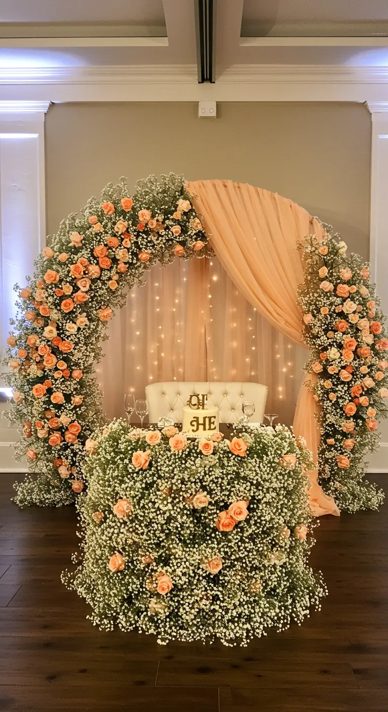 A sweetheart table surrounded by an arch of baby's breath and peach roses.