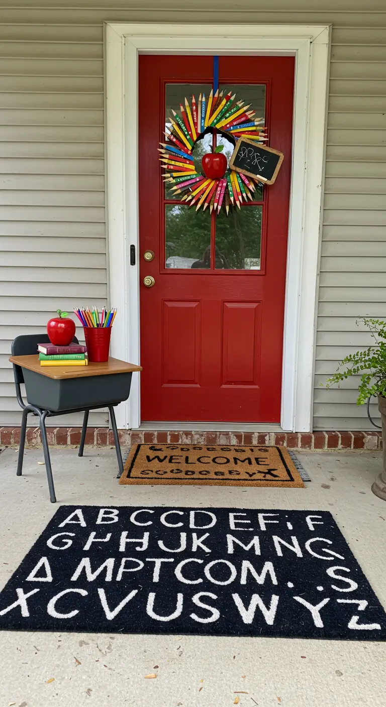 Red door with a pencil wreath and a vintage school desk for a back-to-school theme.