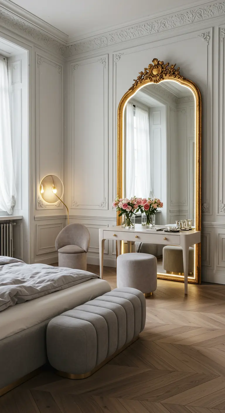 Ornate, floor-length gold mirror backlit with LEDs in a classic Parisian-style bedroom.