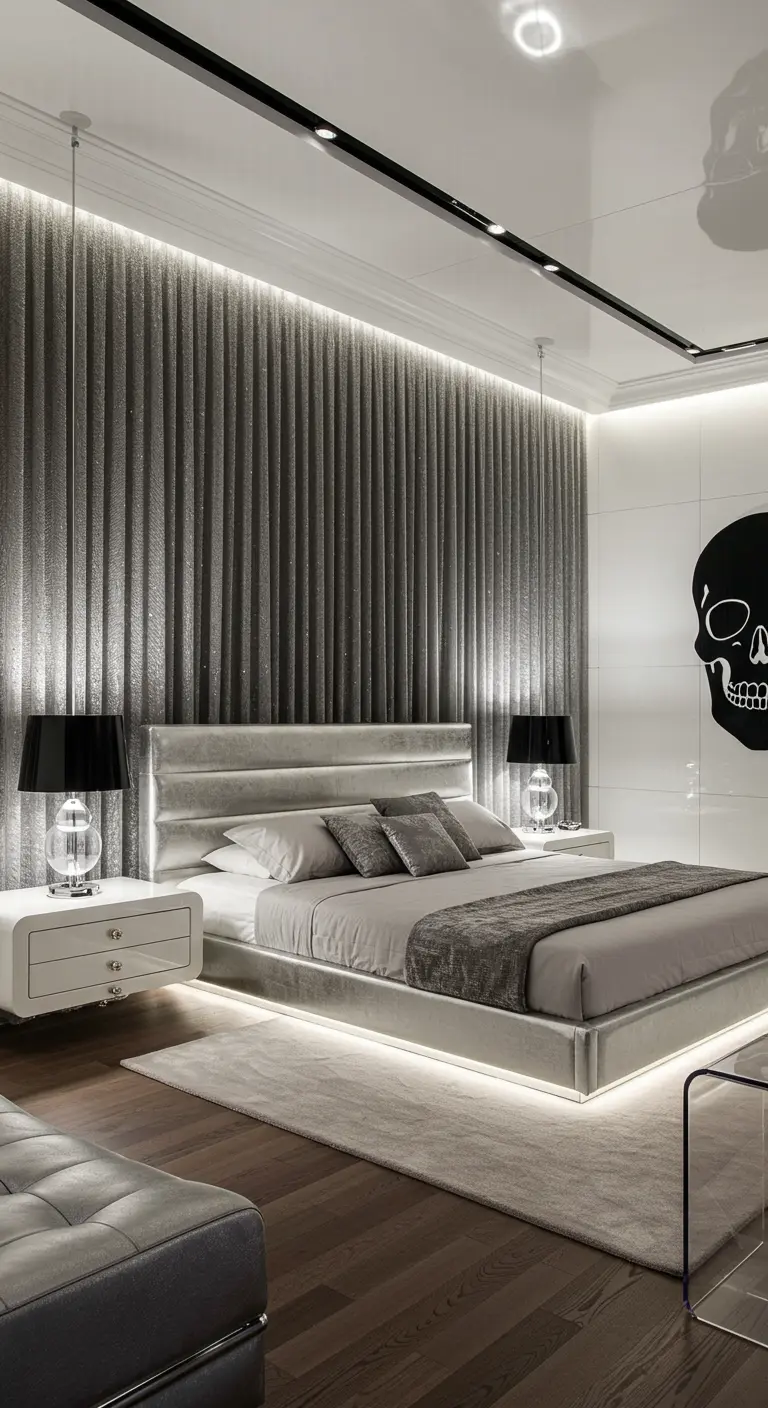 Modern bedroom with a glittering gray accent wall lit with LED strips.