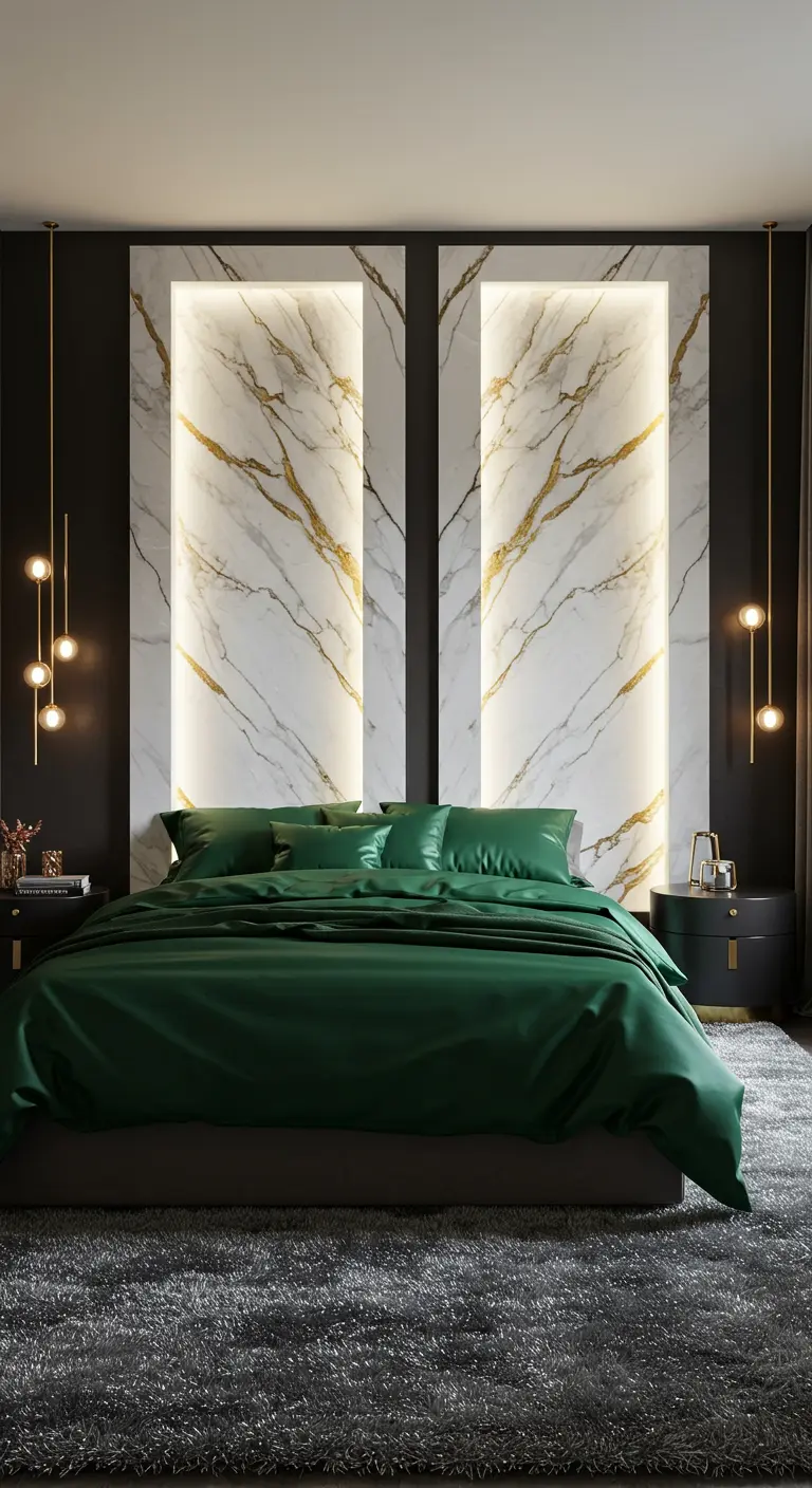 A bedroom with backlit white marble panels behind a bed with emerald green satin bedding.