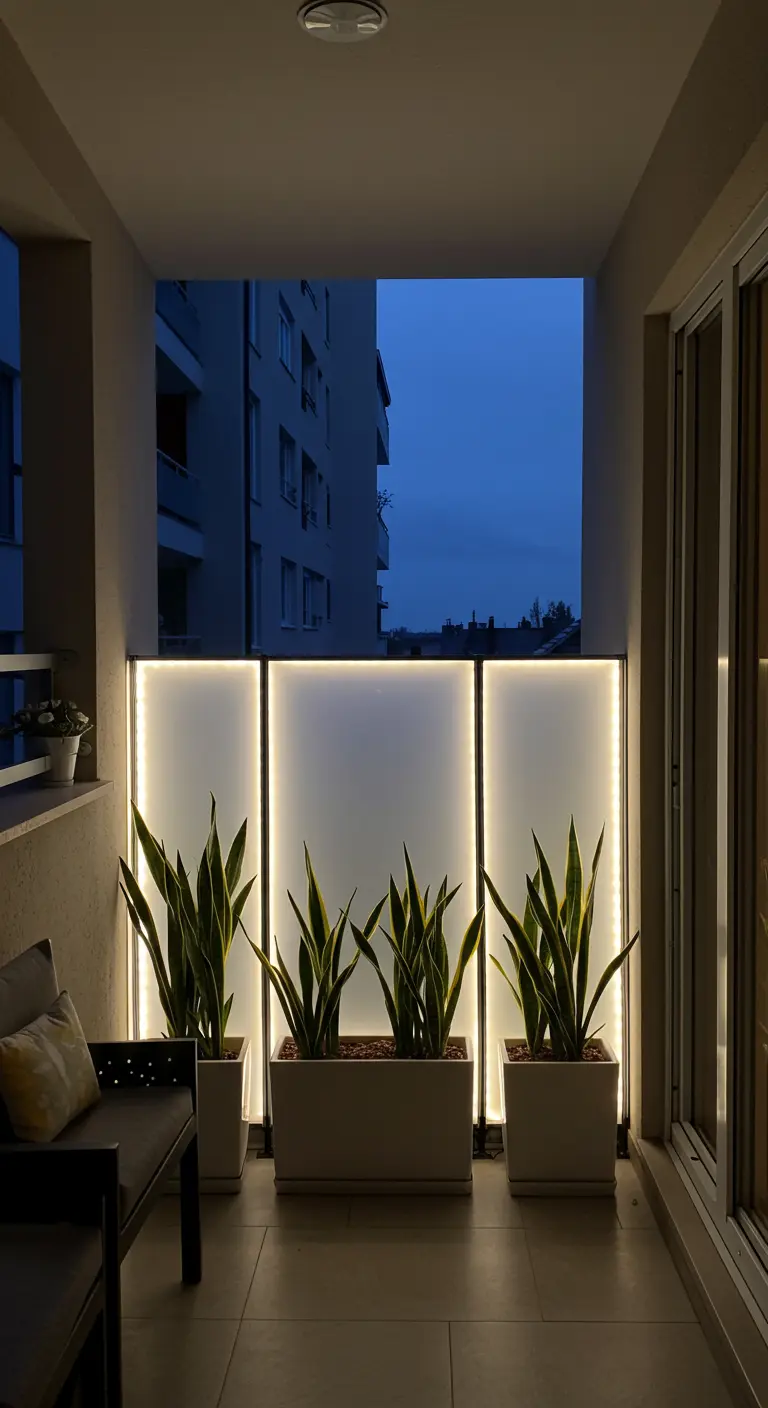 Tall planters with snake plants placed in front of three glowing, backlit frosted panels.
