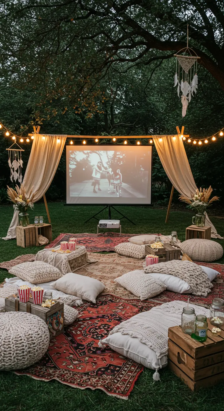 Outdoor movie night with a projector screen, rugs, pillows, and popcorn in a grassy backyard.