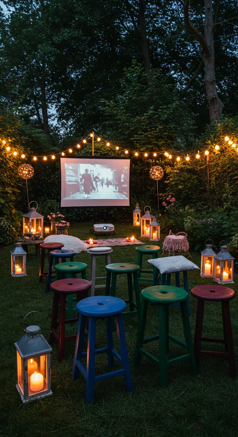 Mismatched colorful stools arranged for an outdoor movie night with a projector screen and lanterns.