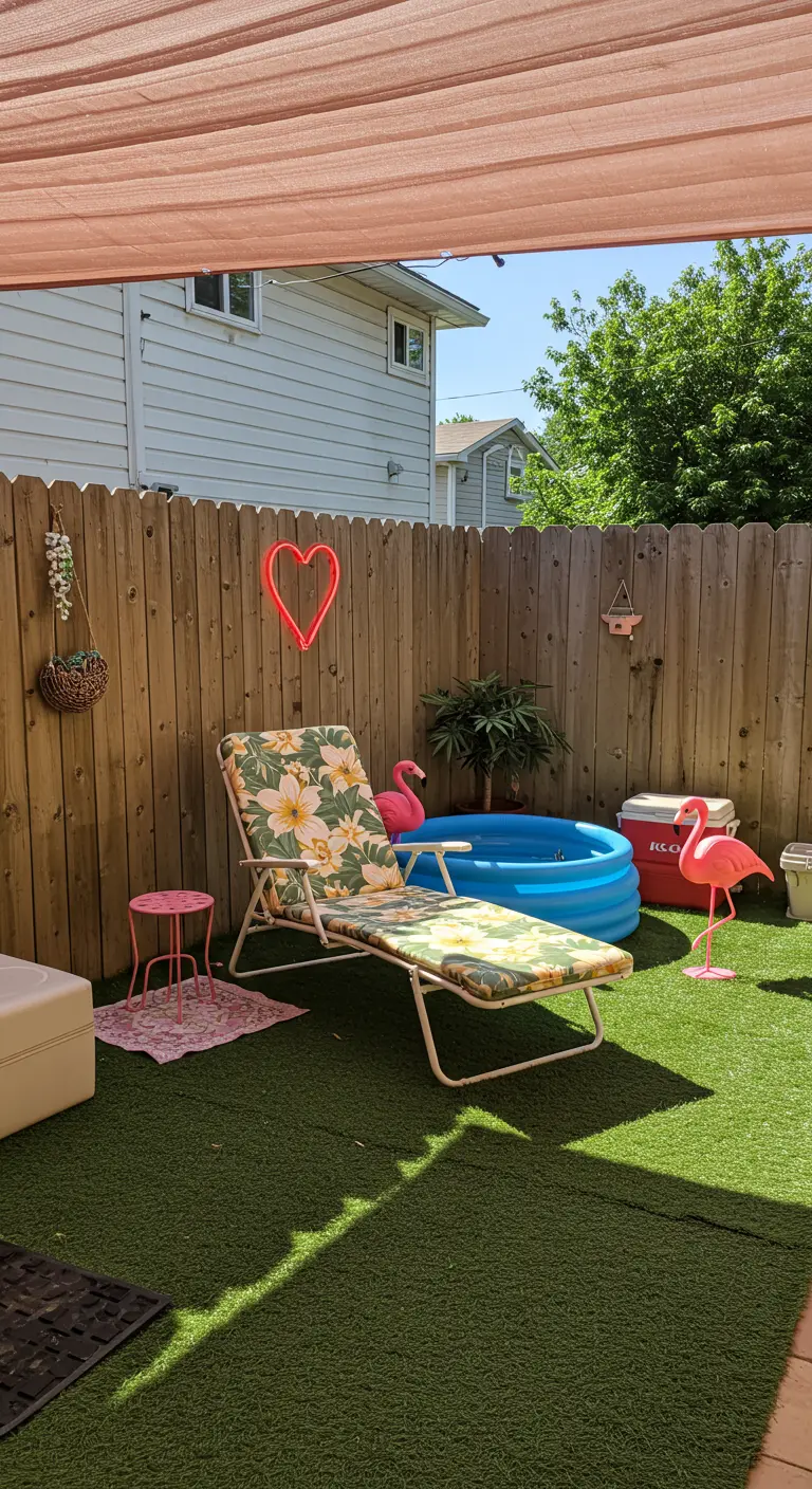 A floral-print vinyl lounger in a backyard with a neon heart sign and plastic flamingos.