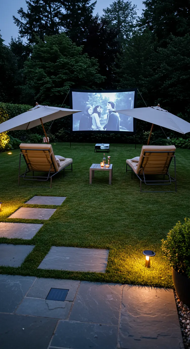 Two sunbeds with umbrellas set up on a lawn for an outdoor movie night.