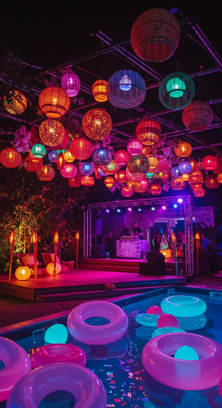 DJ party by a pool with a ceiling of colorful lanterns and glowing floats.