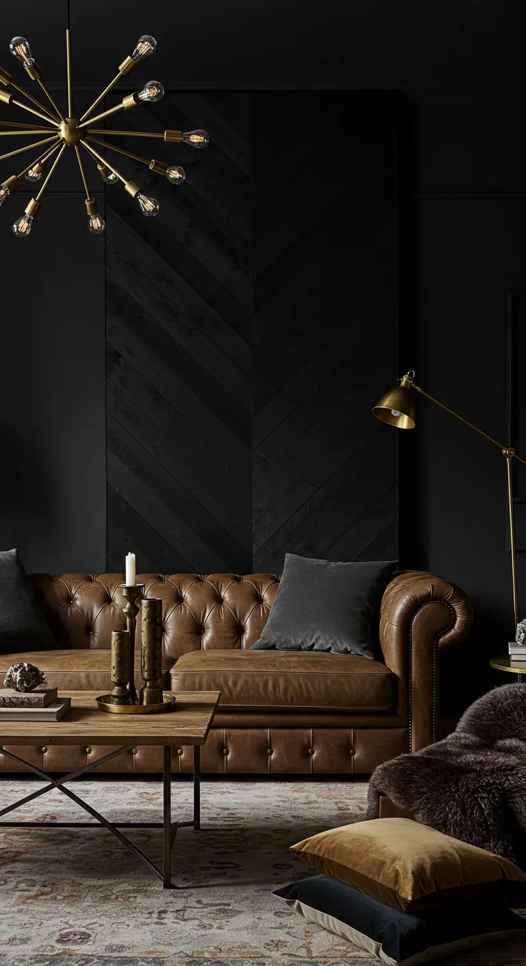 Dark living room with a black accent wall, brown leather chesterfield, and brass light fixtures.
