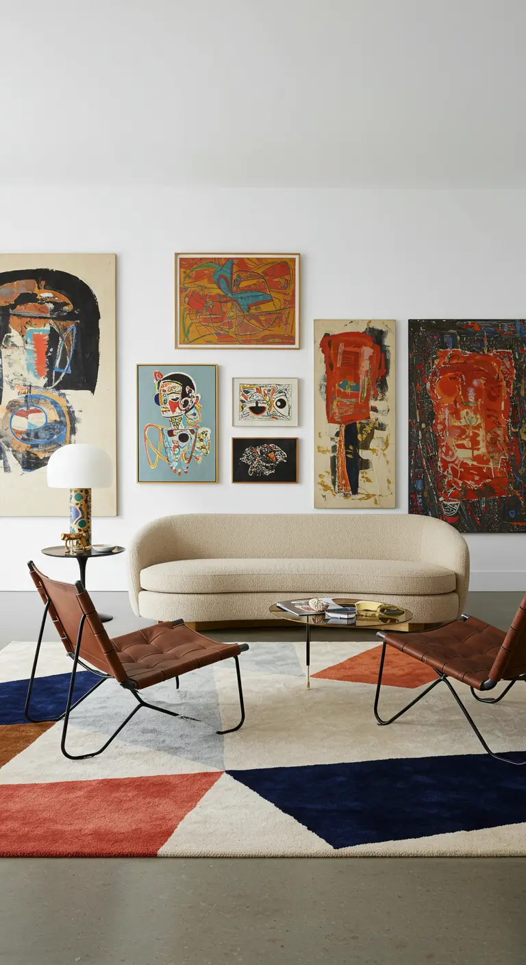 Eclectic living room with a large gallery wall and a colorful abstract geometric rug.