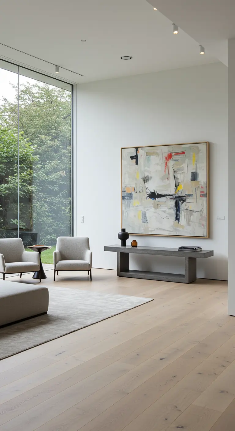 Minimalist living room with a large abstract painting above a grey concrete console table.