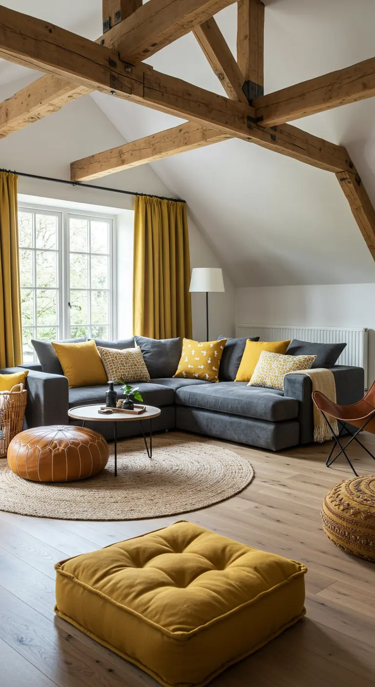 Living room with wood beams, a grey sectional, and matching mustard yellow curtains and pillows.