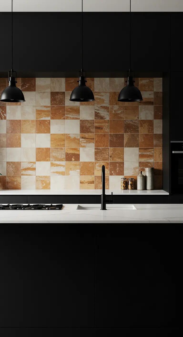 Modern kitchen with matte black cabinets and a variegated terra cotta stone backsplash.