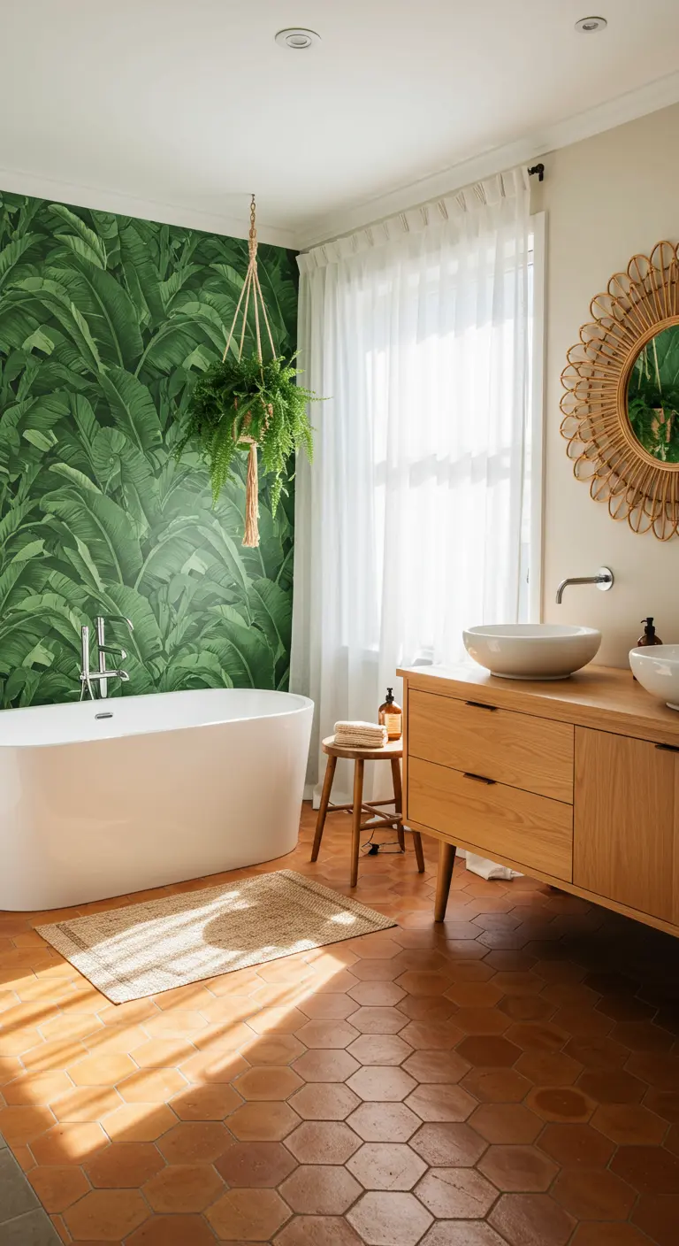Bathroom with banana leaf wallpaper, freestanding tub, and terra-cotta hex tiles.