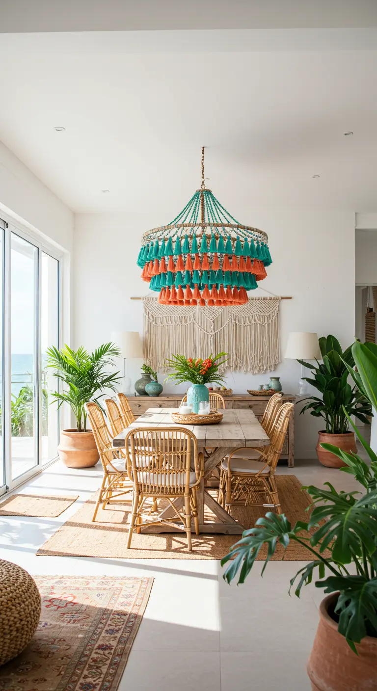 Sunlit dining room with a turquoise and orange tassel chandelier over a wooden table.